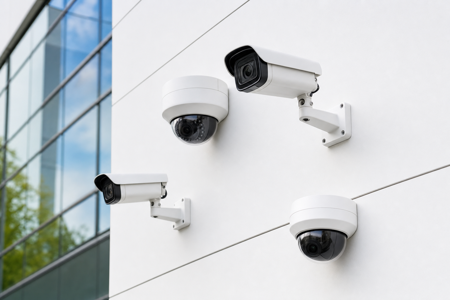 Security cameras mounted on building