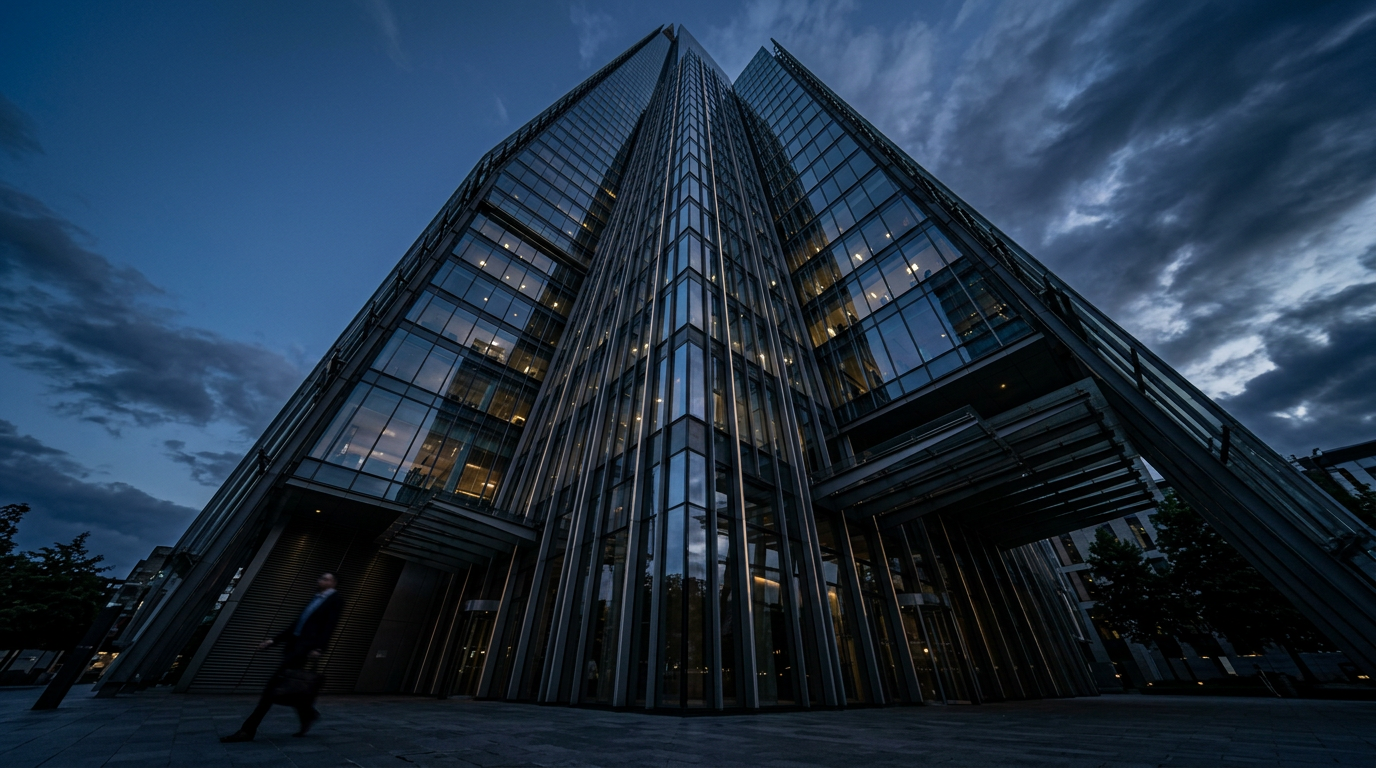 Modern commercial building at dusk