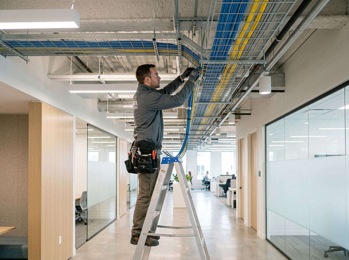 Technician installing low-voltage cabling